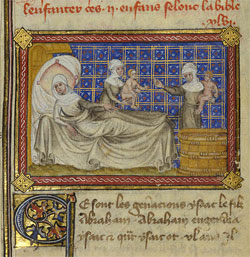 The birth of Esau and Jacob, Master of Jean de Mandeville, French, Paris, about 1360-1370.