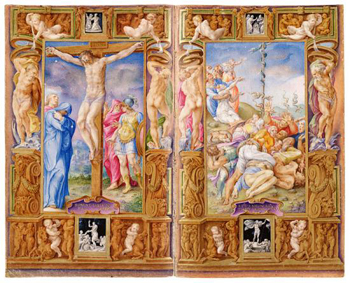The crucifixion, Moses and the brazen serpent, illuminated mss. by Giulio Clovio, 1546.