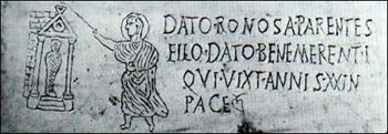 Gravestone of a Christian named Datus, 3rd century catacomb, with Jesus raising Lazarus.