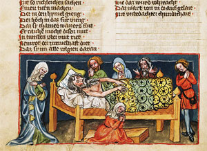 The Death of Noah, German, Regensburg, c. 1400–1410, Tempera colors on parchment.