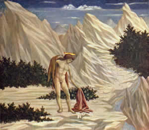 Domenico Veneziano, John the Baptist casts off his clothes for life in the desert, c. 1445.