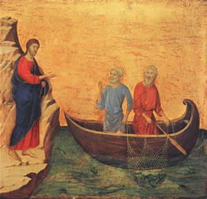 Duccio di Buoninsegna, The Calling of  Peter and Andrew, 1308-11, Tempera on wood panel.