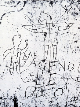 Anti-Christian graffiti c.225; crucified Jesus with donkey's head.