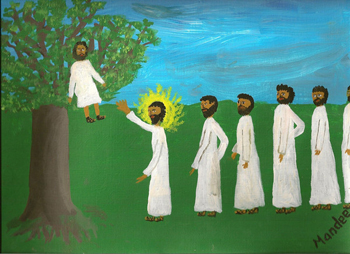 Jesus calling Zaccheus from the tree.