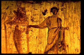 Wall painting of Jesus raising Lazarus, late 3rd century catacomb.