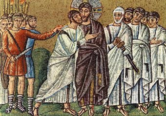 Sixth century mosaic, Judas betrays Jesus.