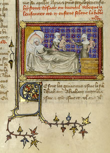 The birth of Esau and Jacob, Master of Jean de Mandeville, French, Paris, about 1360-1370.