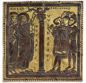 Moses and the Brazen Serpent, Belgium, c. 1160 (copper alloy, gold, enamel engraving).