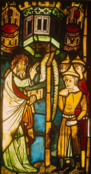 Moses and the serpent, German stained glass, late 14th century.
