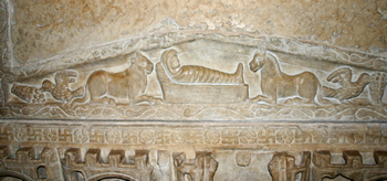 The Ox and Donkey worship Jesus, 4th century Roman sarcophagus.