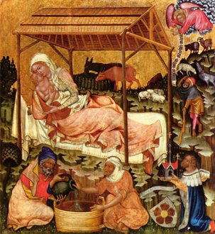 Medieval miniature of the Nativity by the Master of Vyšší Brod, c 1350.