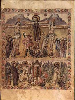 Crucifixion-Resurrection sequence in the Rabula Gospel, 6th century.
