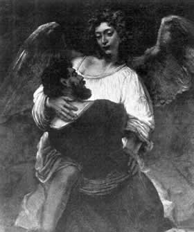 Jacob wrestles with the angel by Rembrandt.