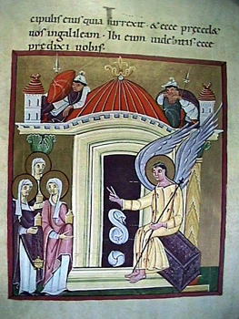 Three Marys at the tomb. Bamberg Apocalypse, 11th century illuminated mss.