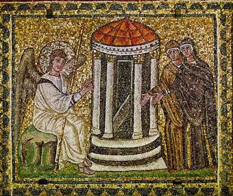 The two women and an angel at Christ's empty tomb (Luke 24:1-12). 6th century mosaic, Ravenna, Italy.