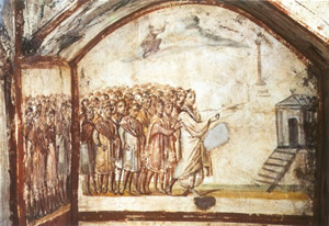 Image of the raising of Lazarus from a Roman catacomb.