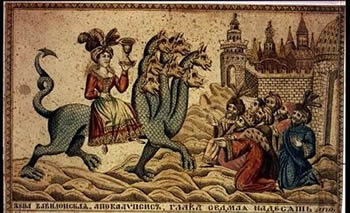 The Whore of Babylon rides the seven-headed Beast, 18th-century Russian engraving.