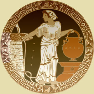 A woman draws water from a well, 5th century BC Greece.
