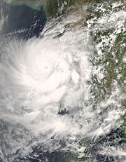 Satellite image of Cyclone Nargis near landfall on Burma.