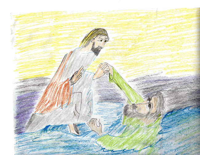 Jesus lifting Peter from the water.