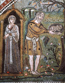 Angels announce the birth of Isaac to Abraham and Sarah; 6th-century mosaic from Church of San Vitale in Ravenna, Italy.
