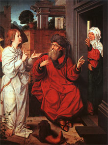 Abraham, Sarah, and the angel; oil on wood by Jan Provost (1465-1529).