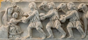 Adoration of the Magi. Panel from a Roman sarcophagus, 4th century CE. From the cemetery of St. Agnes in Rome.