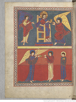 John receives his revelation, Saint-Sever Beatus, Romanesque illuminated manuscript, 11th century,