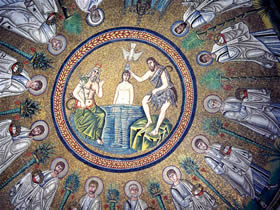 Mosaic dome in the Arian Baptistry in Ravenna, Italy, 5th century.