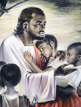 The Black Jesus Blesses the Children painting by Joe Cauchi, featured in Popular Mechanics Dec 2002