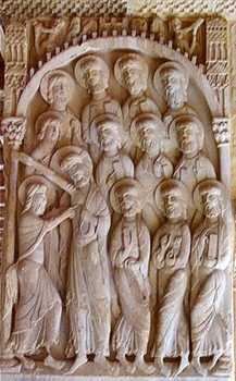 Carved panel of Doubting Thomas, Abbey of Santo Domingo del Silos, Spain, c. 1150.
