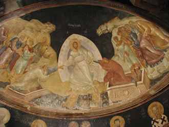 Fresco in Chora Church, Istanbul, c.1315, Christ raises Adam and Eve.