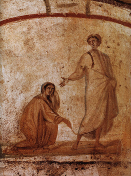 Christ healing a bleeding woman.