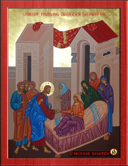 Christ healing Jairus' daughter.