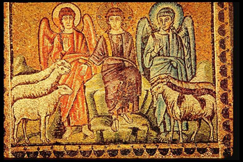 Christ separates the sheep from the goats, 6th-century mosaic from Ravenna, the Church of Appolinare Nuovo.