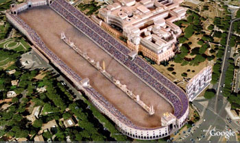 Rome's Circus Maximus (Google Earth reconstruction), a stadium for chariot racing that held 150,000 people, c. 100 BCE.