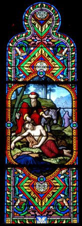 Stained glass window illustrating the parable of the priest and the Levite (Church of St. Eutrope, Clermont-Ferrand).