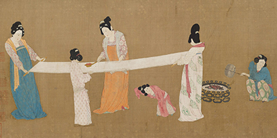 Court Ladies Preparing Newly Woven Silk painting by ancient Chinese artist Zhang Xuan, 713-755 A. D.