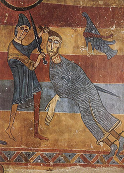 David beheads Goliath, 12th century mural from Catalonia.