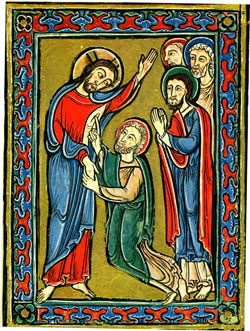 Doubting Thomas touches Jesus.