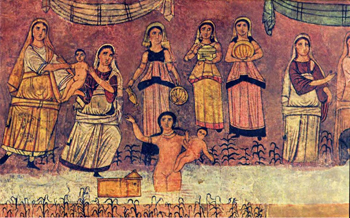Fresco of baby Moses' rescue from the bullrushes in Egypt.