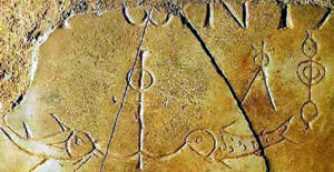 Early Christian symbols: fish and anchor.