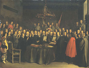 The signing of the Peace of Westphalia, 1648, by Gerard Terborch (1617-1681).
