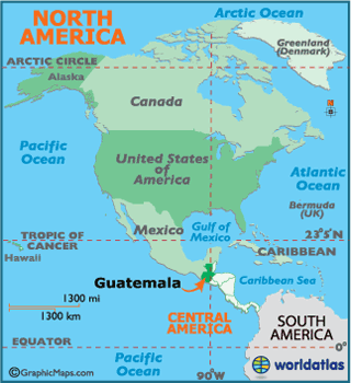 Central America map showing location of Guatemala.