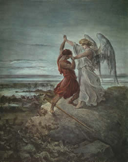 Jacob wrestles with the angel by Gustav Dore.