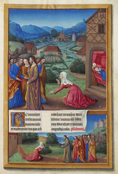 Jesus exorcising the Canaanite woman's daughter, from the French illuminated manuscript Très Riches Heures du Duc de Berry, 15th century.