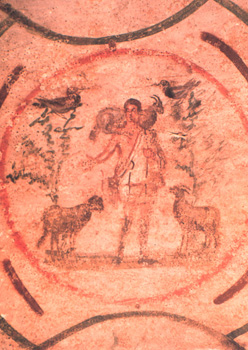 Jesus the Good Shepherd, catacomb of Priscilla in Rome, third century.