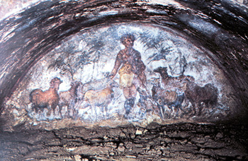 Fresco of Jesus the Good Shepherd in the Coemeterium Majus catacomb, Rome, 3rd century.