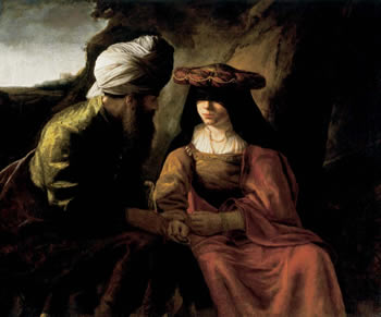 Judah and Tamar by school of Rembrandt.