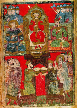 "Presents to King Solomon." A miniature from the Georgian "Jruchi Gospels". 15th century.